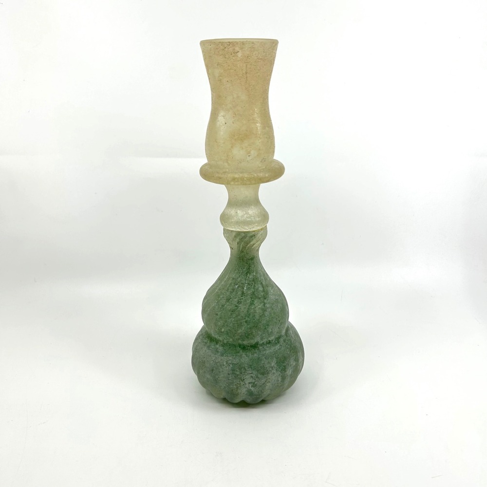 Vintage Roman Antiquity Style Glass Handblown Candlestick Italy Frosted Green